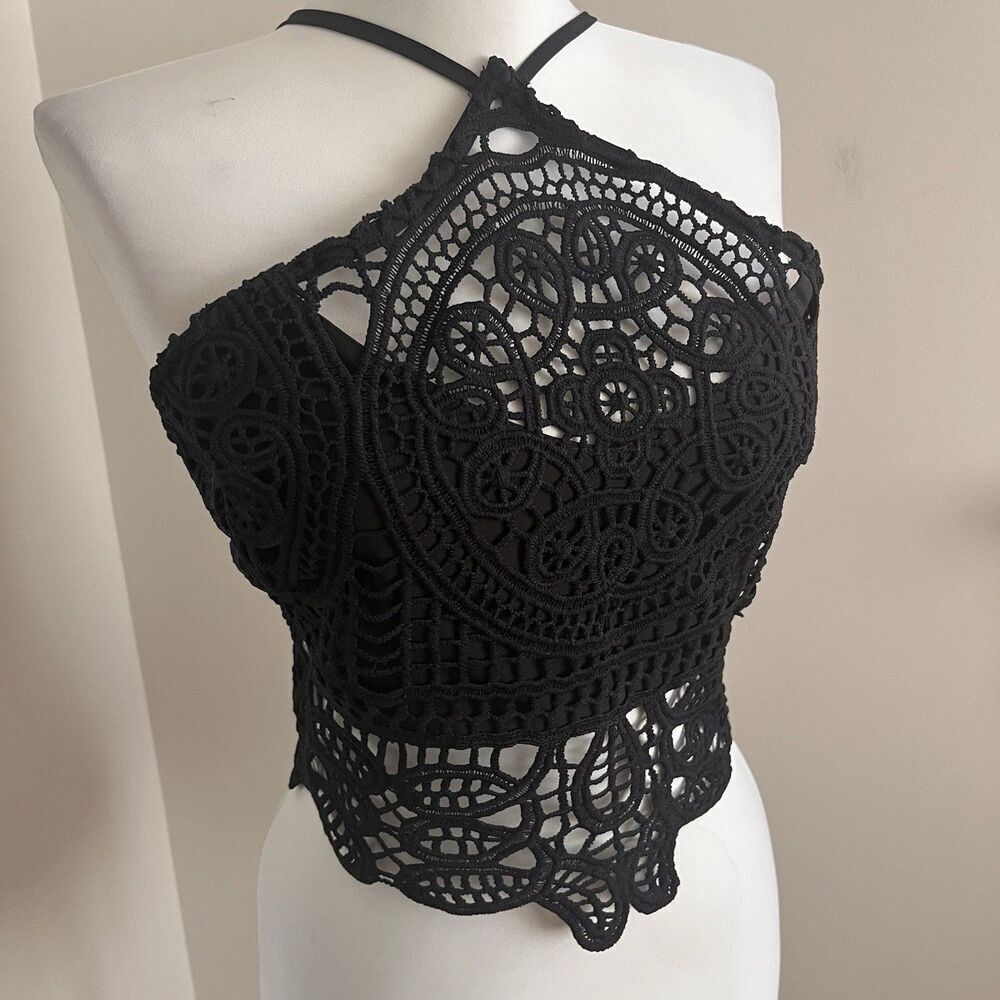 Y2K Crochet corset Crop Top Black Lace-Up Back S Goth Whimsigoth renaissance - Picture 8 of 9